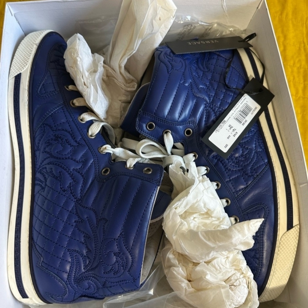 RARE Versace Blue Quilted Leather HighTop Trainers EU 43 Men's US Size 10 (EUC) - Picture 10 of 13